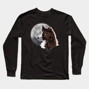 Brindle Border Collie with Night Sky Full Moon Long Sleeve T-Shirt